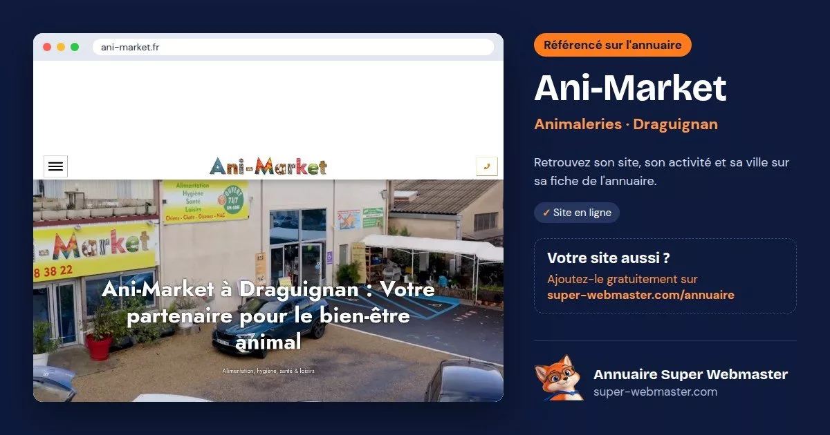 Page d'accueil de ani-market.fr, avec la fiche Ani-Market de l'annuaire Super Webmaster