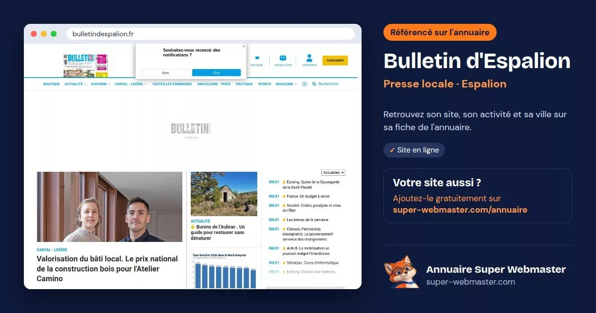 Page d'accueil de bulletindespalion.fr, avec la fiche Bulletin d'Espalion de l'annuaire Super Webmaster