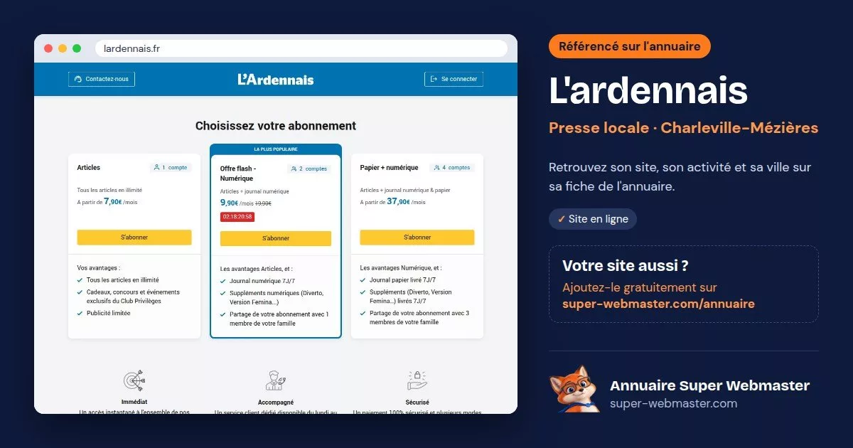 Page d'accueil de lardennais.fr, avec la fiche L'ardennais de l'annuaire Super Webmaster