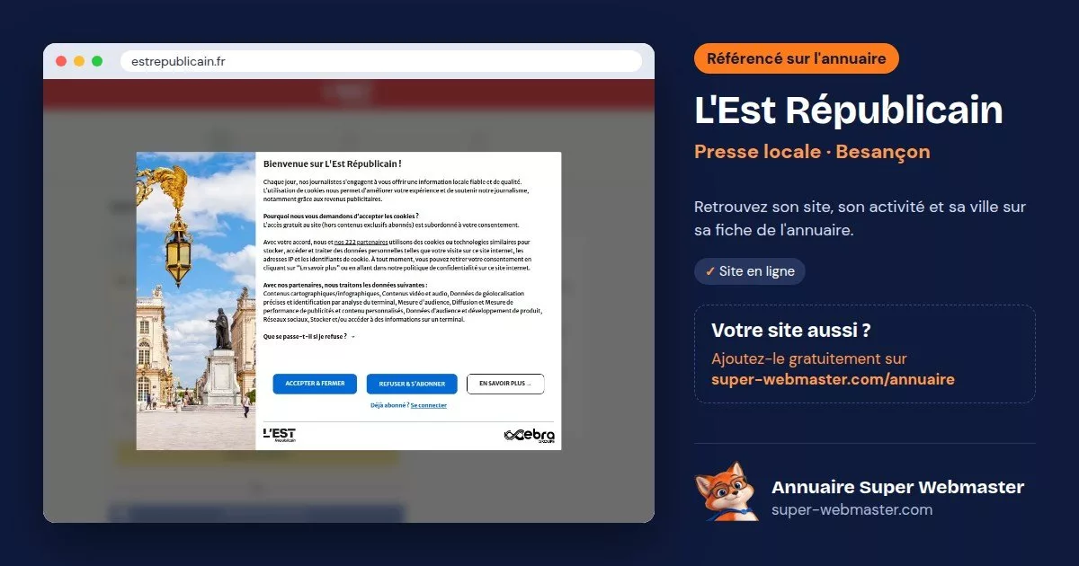 Page d'accueil de estrepublicain.fr, avec la fiche L'Est Républicain de l'annuaire Super Webmaster