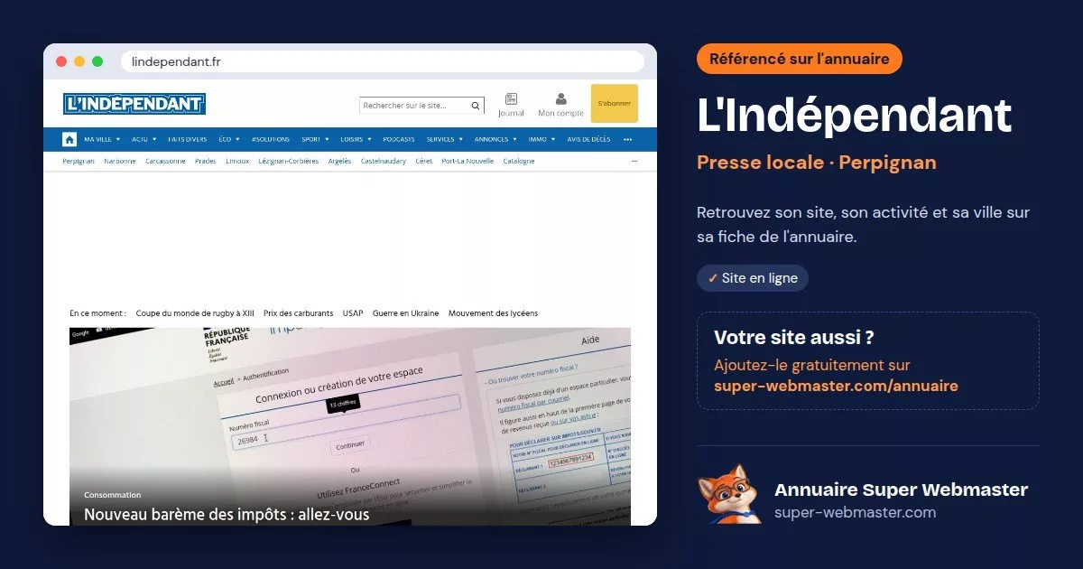 Page d'accueil de lindependant.fr, avec la fiche L'Indépendant de l'annuaire Super Webmaster