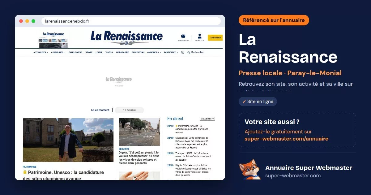 Page d'accueil de larenaissancehebdo.fr, avec la fiche La Renaissance de l'annuaire Super Webmaster