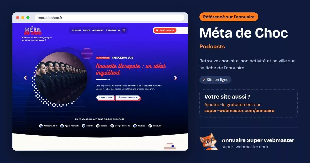 Page d'accueil de metadechoc.fr, avec la fiche Méta de Choc de l'annuaire Super Webmaster