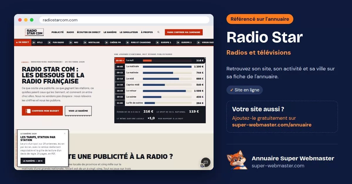 Page d'accueil de radiostarcom.com, avec la fiche Radio Star de l'annuaire Super Webmaster