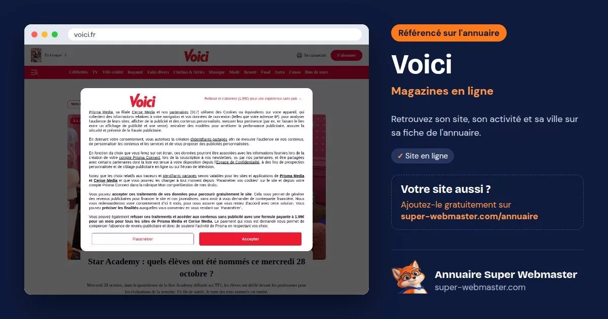 Page d'accueil de voici.fr, avec la fiche Voici de l'annuaire Super Webmaster