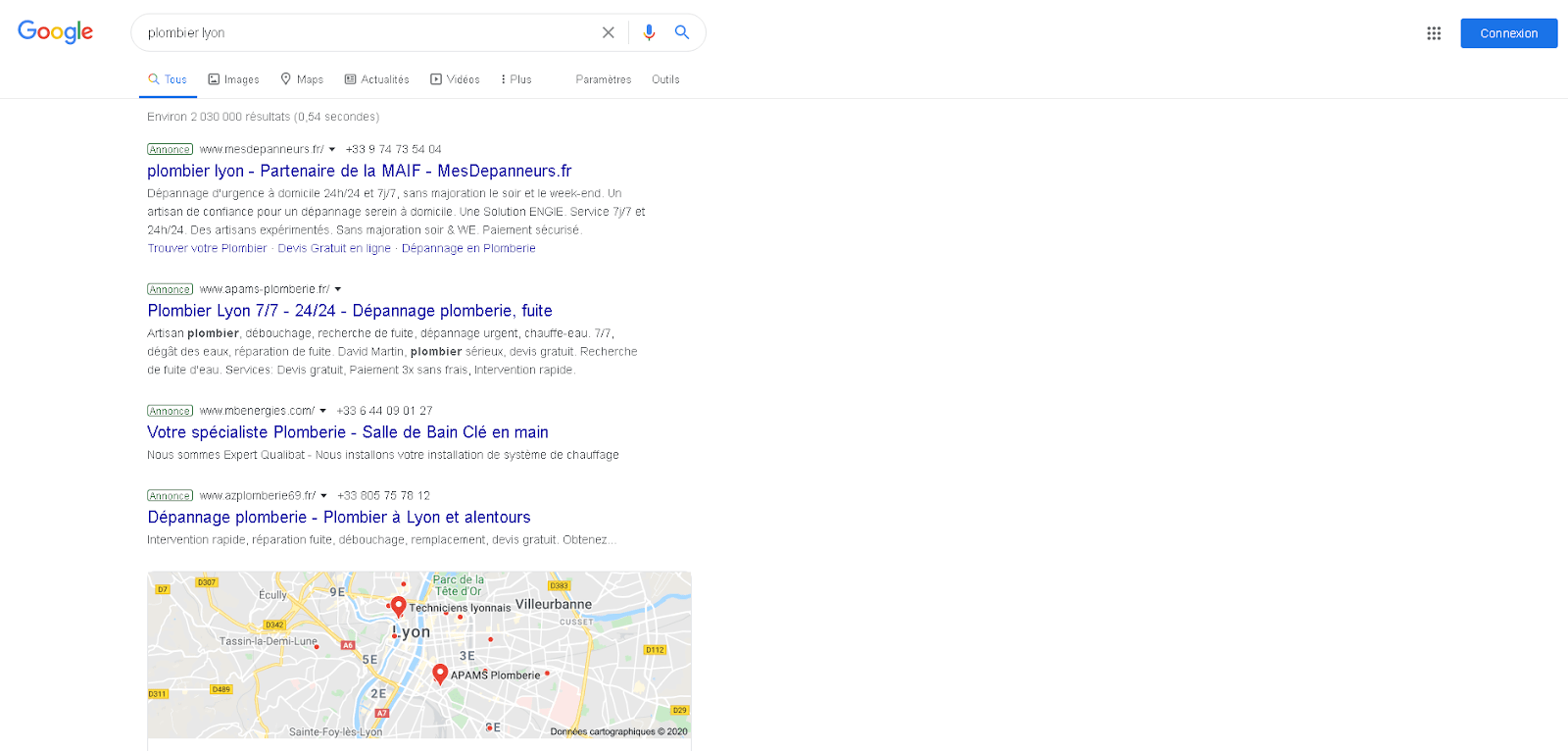 Espace de droite résultats Google