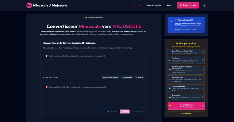 Page d'accueil de Minuscule ⇄ Majuscule
