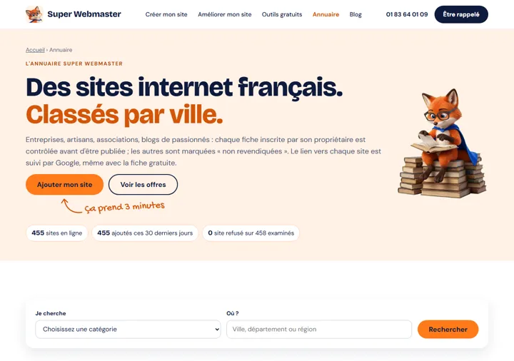 La page d'accueil de l'annuaire Super Webmaster : des sites internet français classés par ville