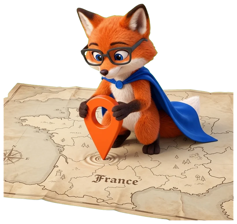 Le renard tient une carte et montre la direction