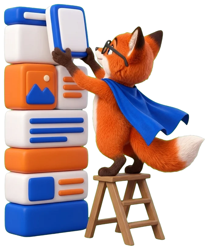 Le renard assemble les blocs d'un site internet