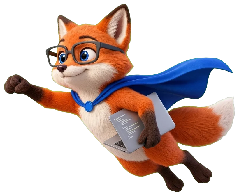 Le renard de Super Webmaster montre un site internet sur un ordinateur portable